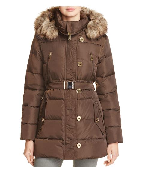 michael kors faux fur trimmed hooded belted coat|michael kors hooded faux fur trim quilted belted puffer coat.